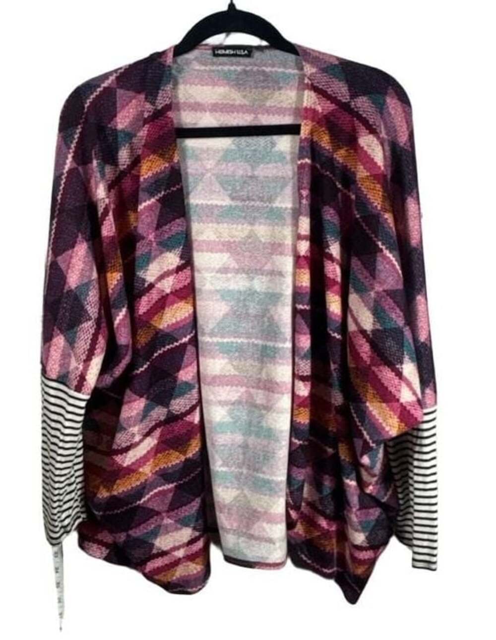 Hemish USA Open Front Aztec Diamond Print Cardigan Sweater with Striped Sleeves